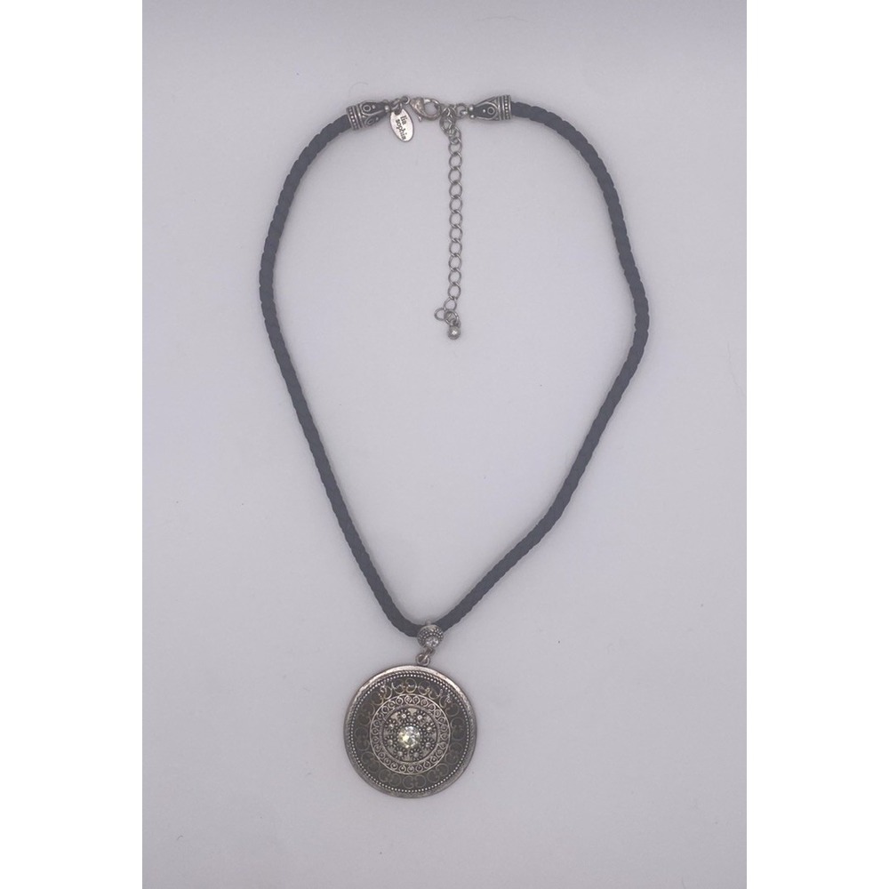 LIA SOPHIA Toscano Crystal Pendant Necklace Silver Tone Medallion Black Cord